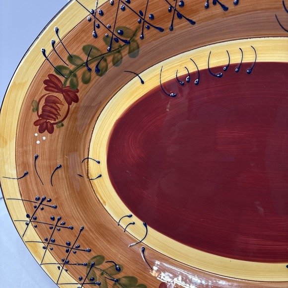 Ambiance Romance Oval Platter 18" Nance Wheeler Hand Painted Red Folk Floral - Picture 12 of 14